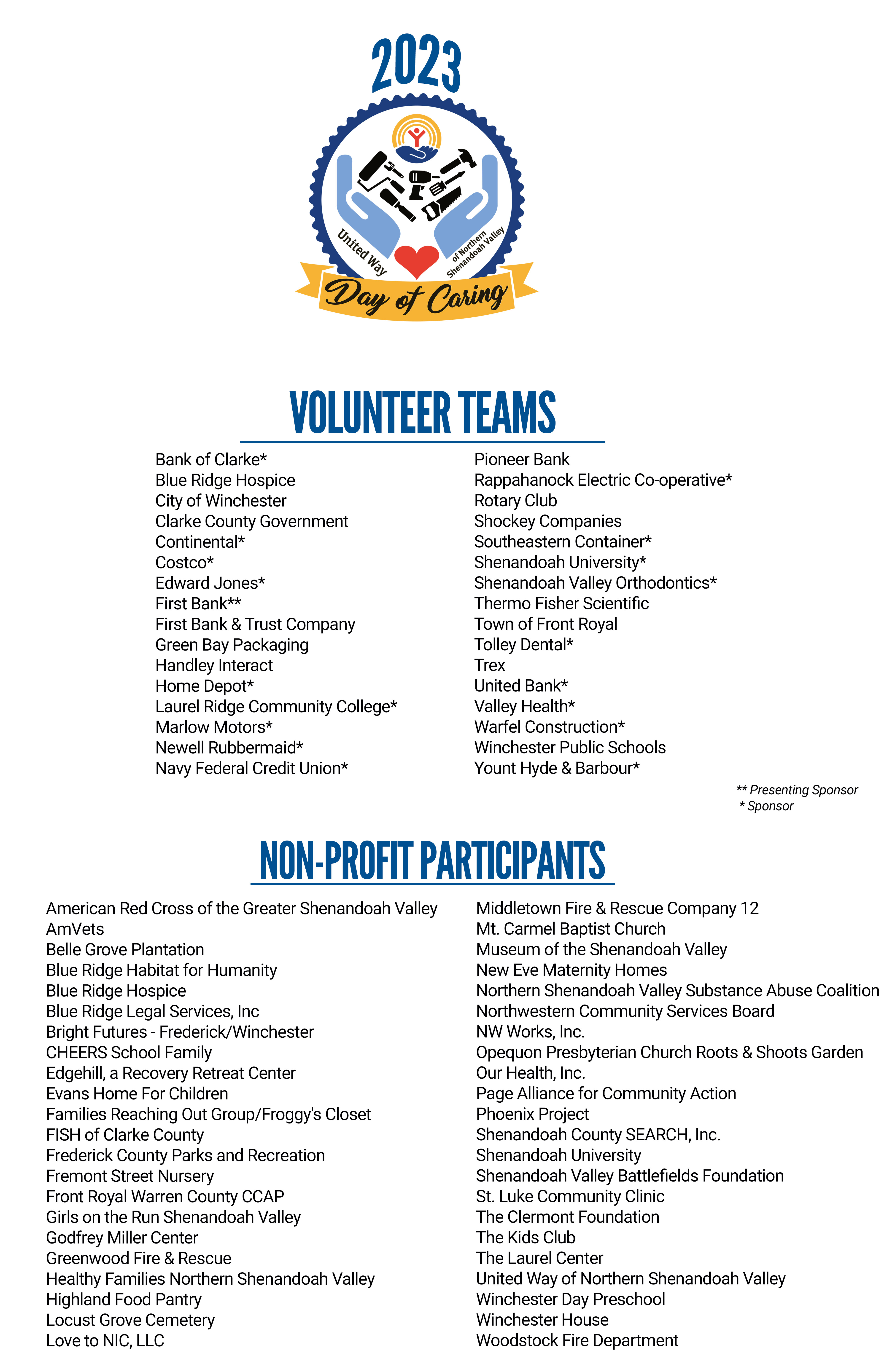 List of the teams and nonprofits in alphabetical order